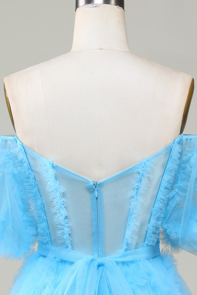 Load image into Gallery viewer, Søt en linje Blå tyll av skulderen Kort Homecoming kjole