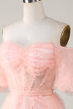 Søt en linje Blush Tulle Off The Shoulder Short Homecoming Dress