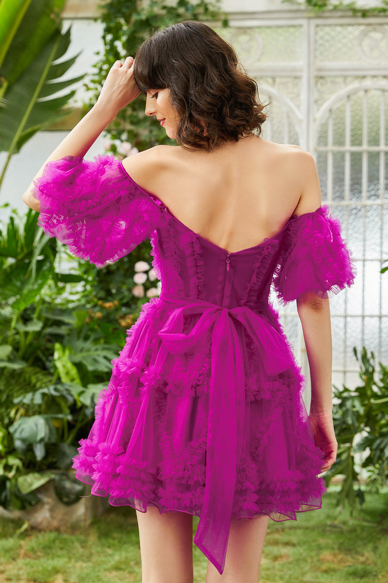 Load image into Gallery viewer, Stilig en linje av skulderen Fuchsia Corset Homecoming kjole med ermer