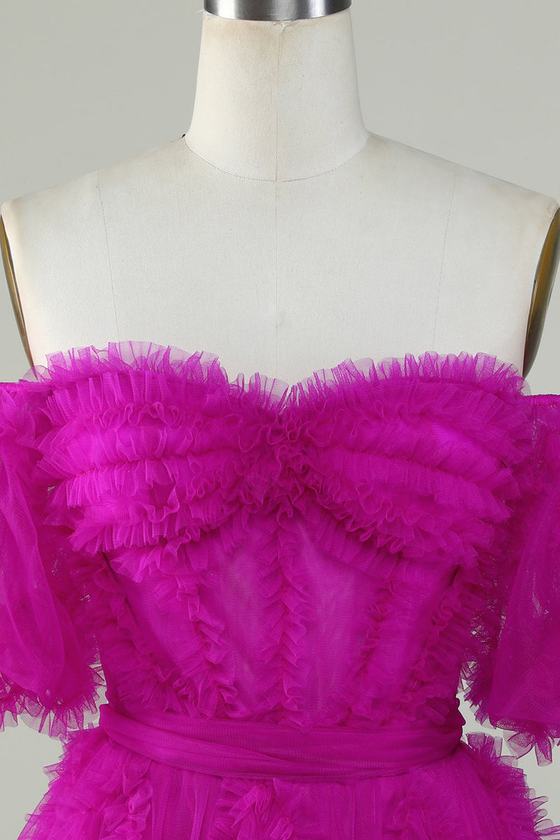 Load image into Gallery viewer, Stilig en linje av skulderen Fuchsia Tylle Corsett Homecoming Dress