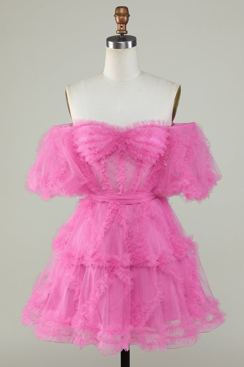 Load image into Gallery viewer, Stilig en linje av skulderen Fuchsia Tylle Corsett Homecoming Dress