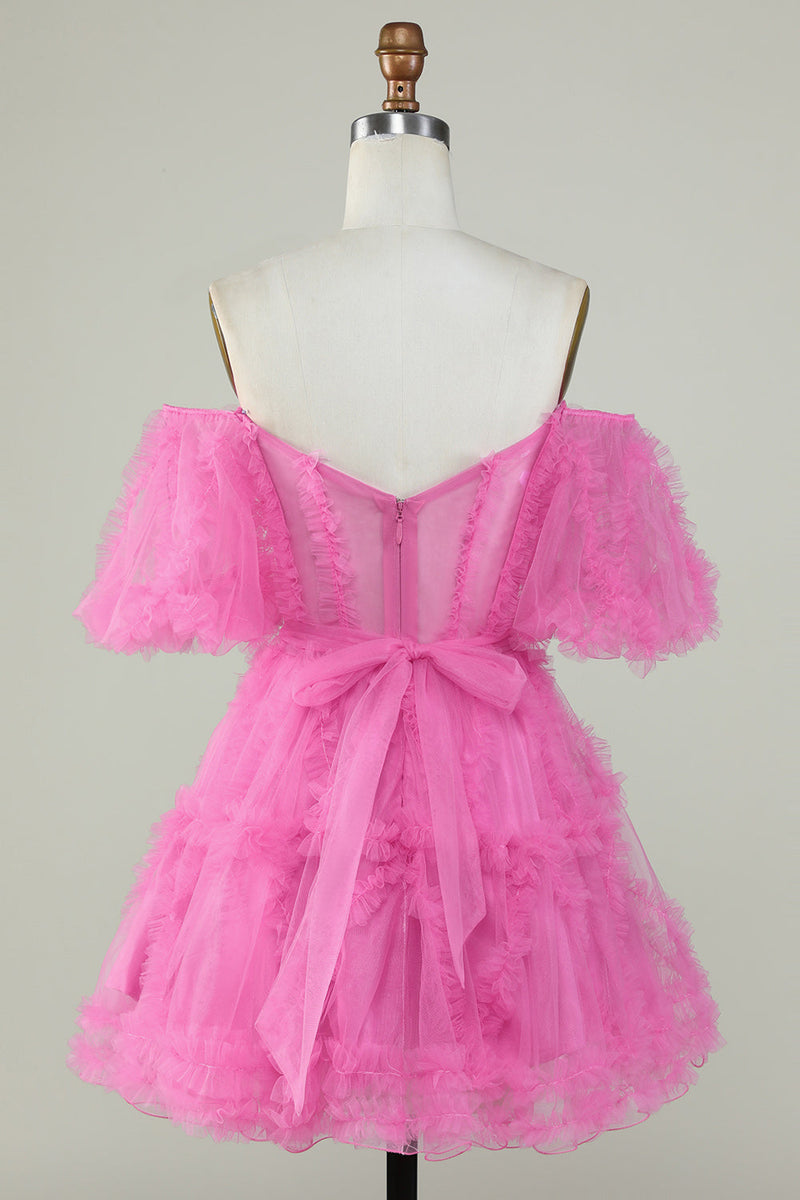 Load image into Gallery viewer, Stilig en linje av skulderen lilla tyll korsett Homecoming kjole