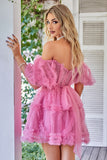 Søt en linje Blush Tulle Off The Shoulder Short Homecoming Dress