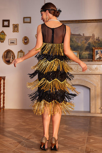 Golden Fringes Flapper Flott Gatsby-kjole med paljetter