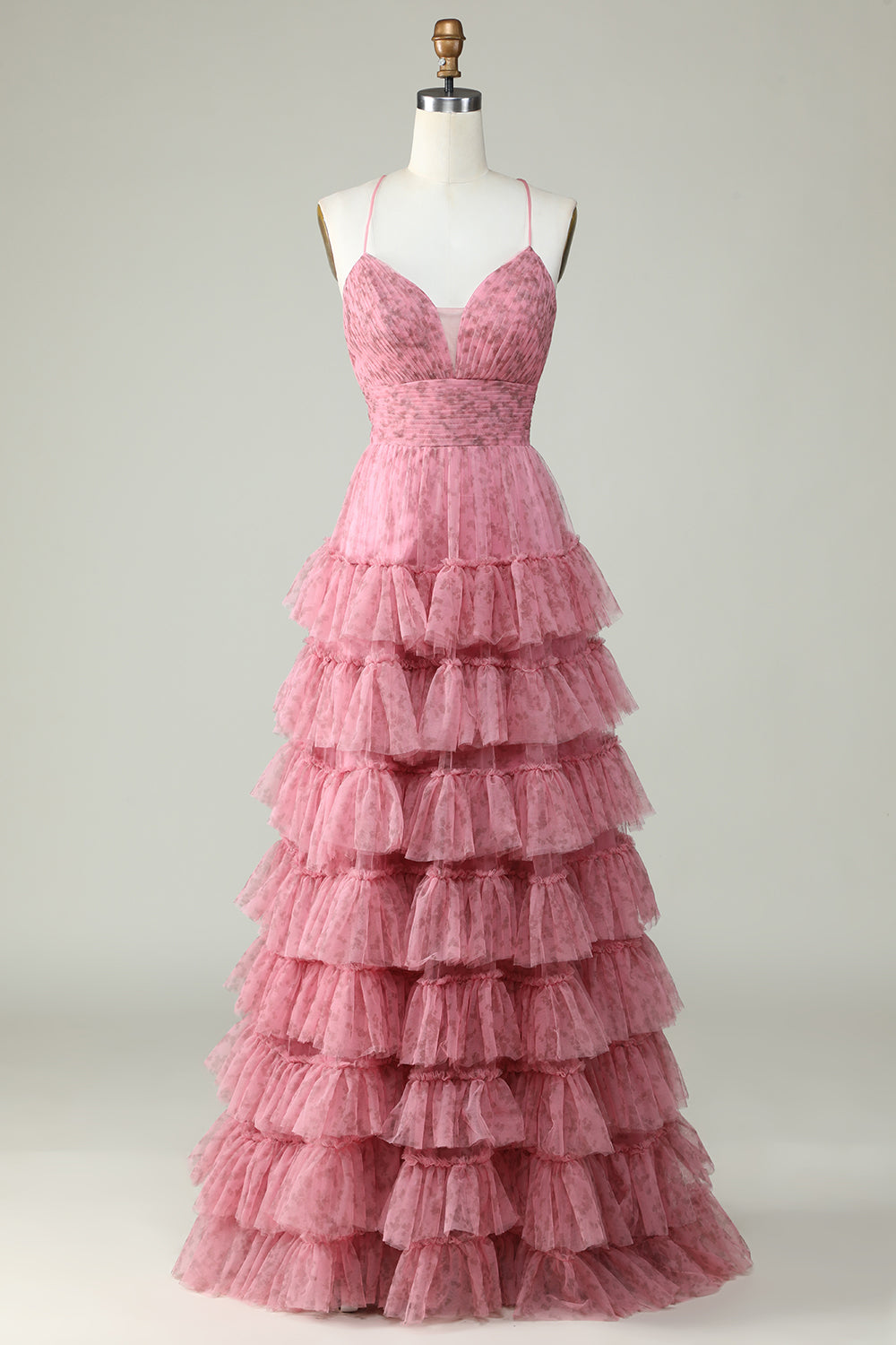 A Line Spaghetti stropper lagdelt rosa tyll Prom kjole med blomstertrykk