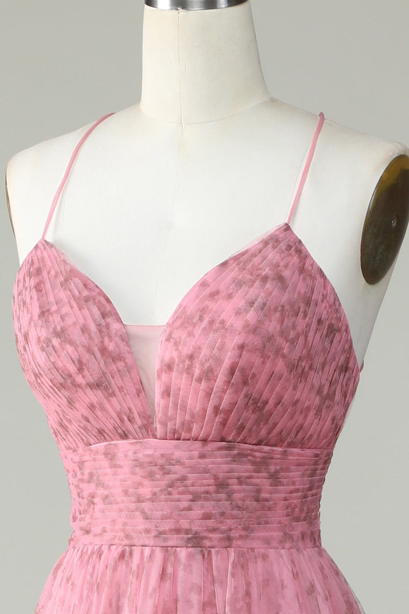 Load image into Gallery viewer, A Line Spaghetti stropper lagdelt rosa tyll Prom kjole med blomstertrykk