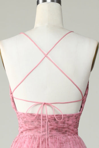 A Line Spaghetti stropper lagdelt rosa tyll Prom kjole med blomstertrykk