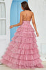 Load image into Gallery viewer, Spaghetti stropper lagdelt tyll Prom kjole med blomster trykt