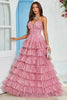 Load image into Gallery viewer, Spaghetti stropper lagdelt tyll Prom kjole med blomster trykt