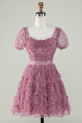 Nydelig A Line Floral Dusty Rose Homecoming kjole med Ruffles