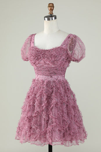Nydelig A Line Floral Dusty Rose Homecoming kjole med Ruffles