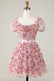 Cute A Line Floral Ivory Red Flower Homecoming Dress med Ruffles
