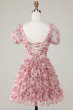 Cute A Line Floral Ivory Red Flower Homecoming Dress med Ruffles