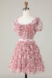 Cute A Line Floral Ivory Red Flower Homecoming Dress med Ruffles