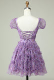 Floral A Line Purple Homecoming Dress med Ruffles