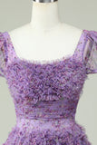 Floral A Line Purple Homecoming Dress med Ruffles