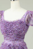 Floral A Line Purple Homecoming Dress med Ruffles