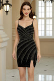 Sparkly Sheath Spaghetti Straps Black Short Homecoming Dress med perler