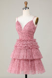 Cute A Line Spaghetti stropper Blush Homecoming kjole med Ruffles