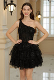 Stilig A Line One Shoulder Black Kort Homecoming kjole med applikasjoner