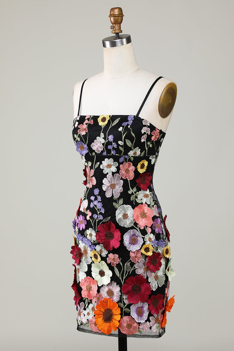 Load image into Gallery viewer, Bodycon Spaghetti stropper Black Homecoming kjole med 3D blomster