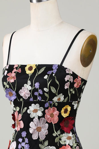 Bodycon Spaghetti stropper Black Homecoming kjole med 3D blomster