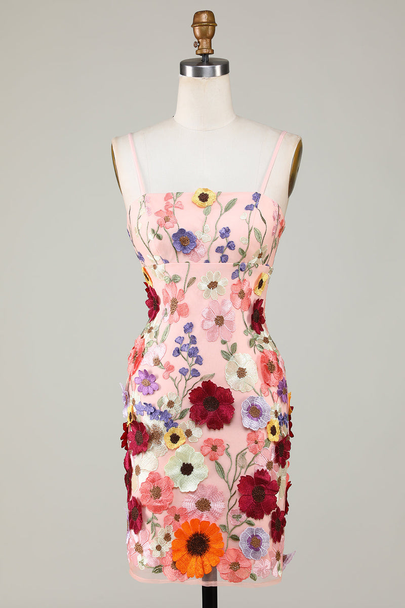 Load image into Gallery viewer, Skjede Spaghetti stropper Blush Homecoming kjole med 3D blomster