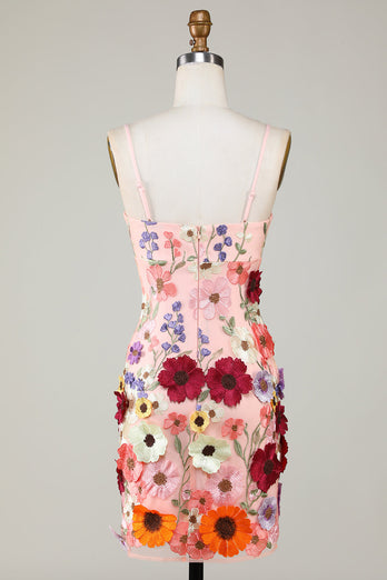 Skjede Spaghetti stropper Blush Homecoming kjole med 3D blomster