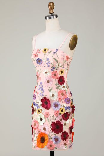 Skjede Spaghetti stropper Blush Homecoming kjole med 3D blomster
