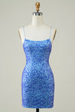 Spaghetti stropper Blå Tight Glitter Homecoming Dress med Beaded