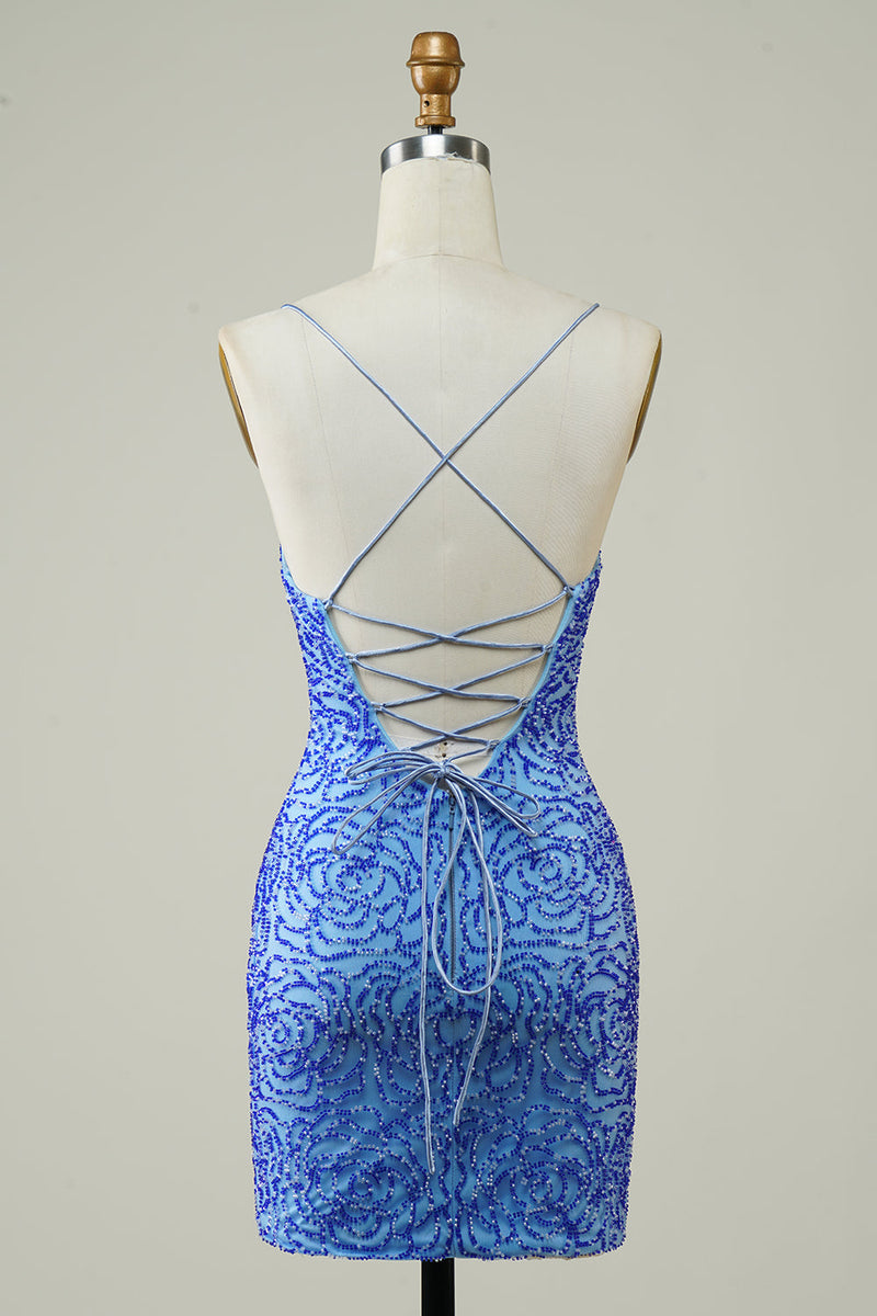 Load image into Gallery viewer, Spaghetti stropper Blå Tight Glitter Homecoming Dress med Beaded