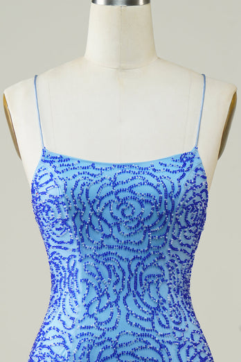 Spaghetti stropper Blå Tight Glitter Homecoming Dress med Beaded