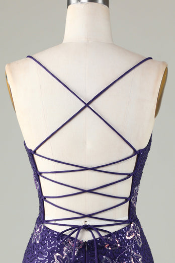Sparkly Sheath Spaghetti stropper Dark Purple Short Homecoming kjole med Criss Cross Back