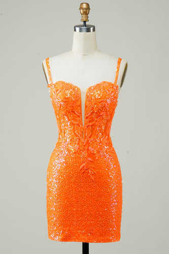 Glitter Orange Tight Homecoming kjole med Beaded