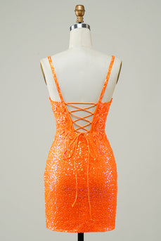 Glitter Orange Tight Homecoming kjole med Beaded