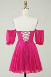 Fuchsia korsett A-Line Chiffon Kort Homecoming kjole med blonder