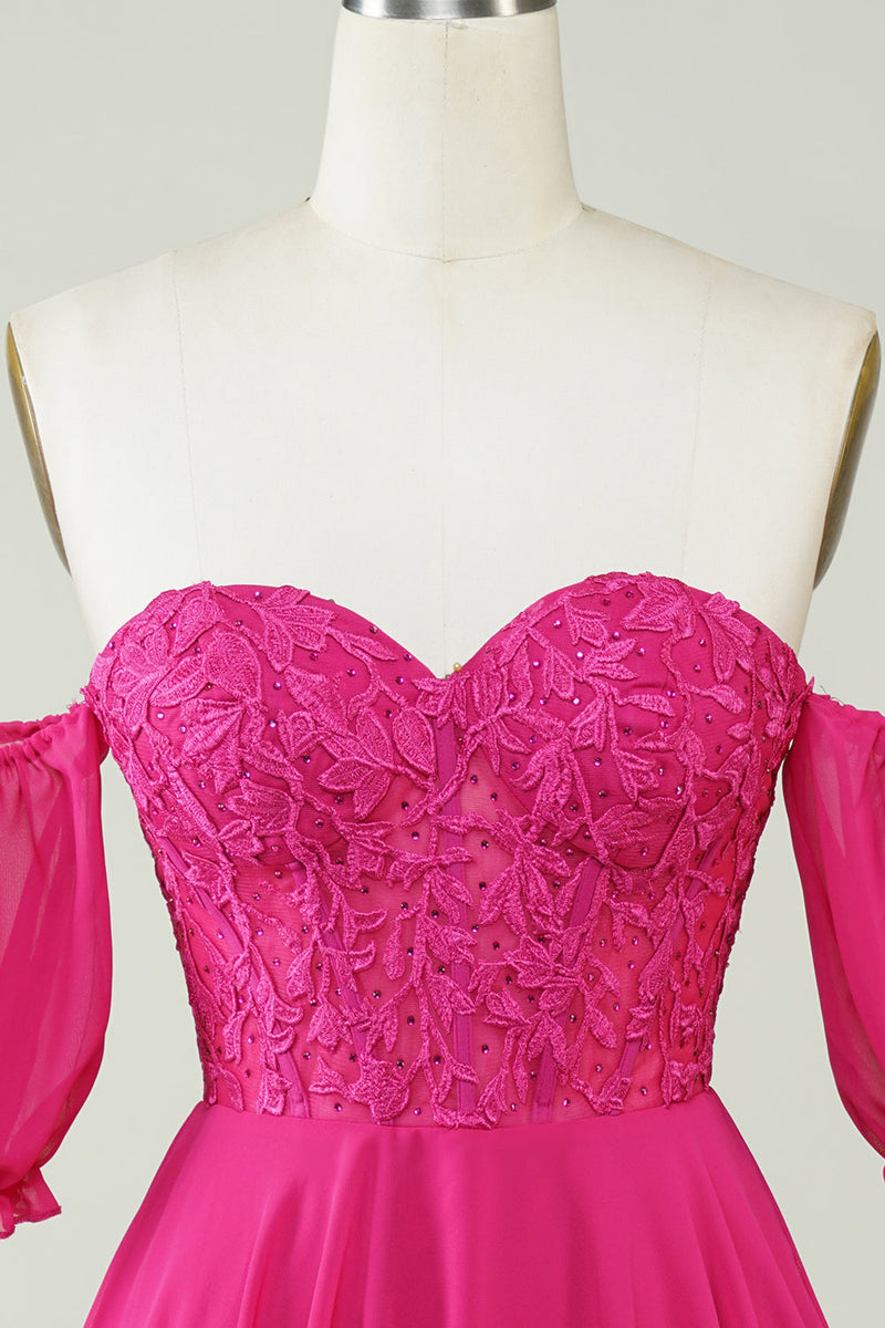 Load image into Gallery viewer, Fuchsia korsett A-Line Chiffon Kort Homecoming kjole med blonder