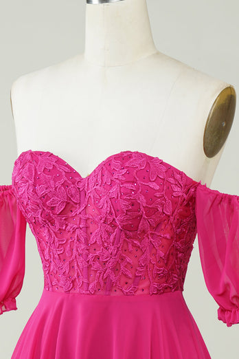 Fuchsia korsett A-Line Chiffon Kort Homecoming kjole med blonder