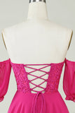 Fuchsia korsett A-Line Chiffon Kort Homecoming kjole med blonder