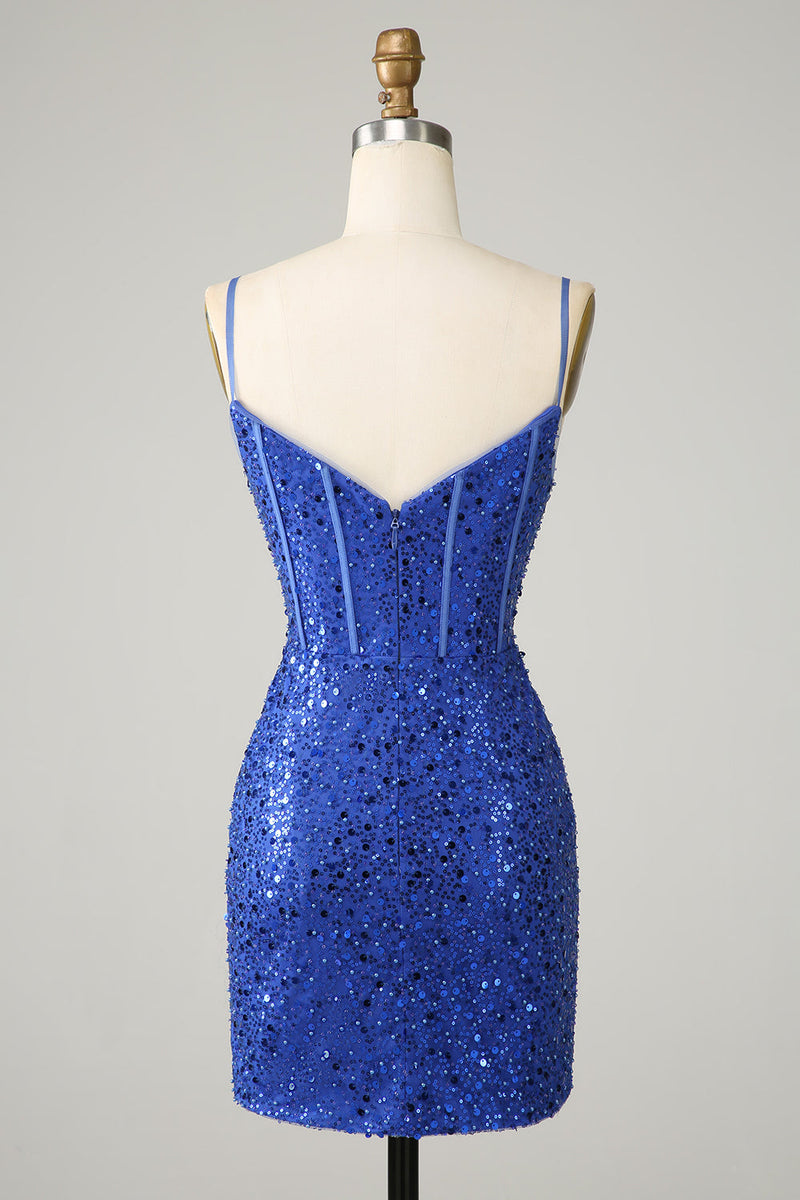 Load image into Gallery viewer, Royal Blue Bodycon Sparkly Spaghetti stropper Homecoming Dress