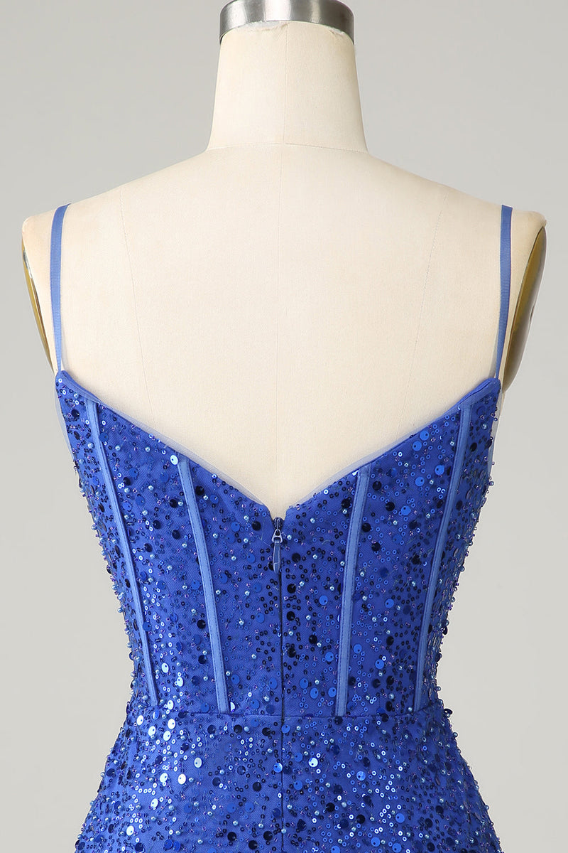 Load image into Gallery viewer, Royal Blue Bodycon Sparkly Spaghetti stropper Homecoming Dress