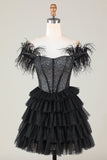 Sparkly Beaded Corset A-Line Black Short Homecoming Dress med fjær