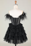 Sparkly Beaded Corset A-Line Black Short Homecoming Dress med fjær