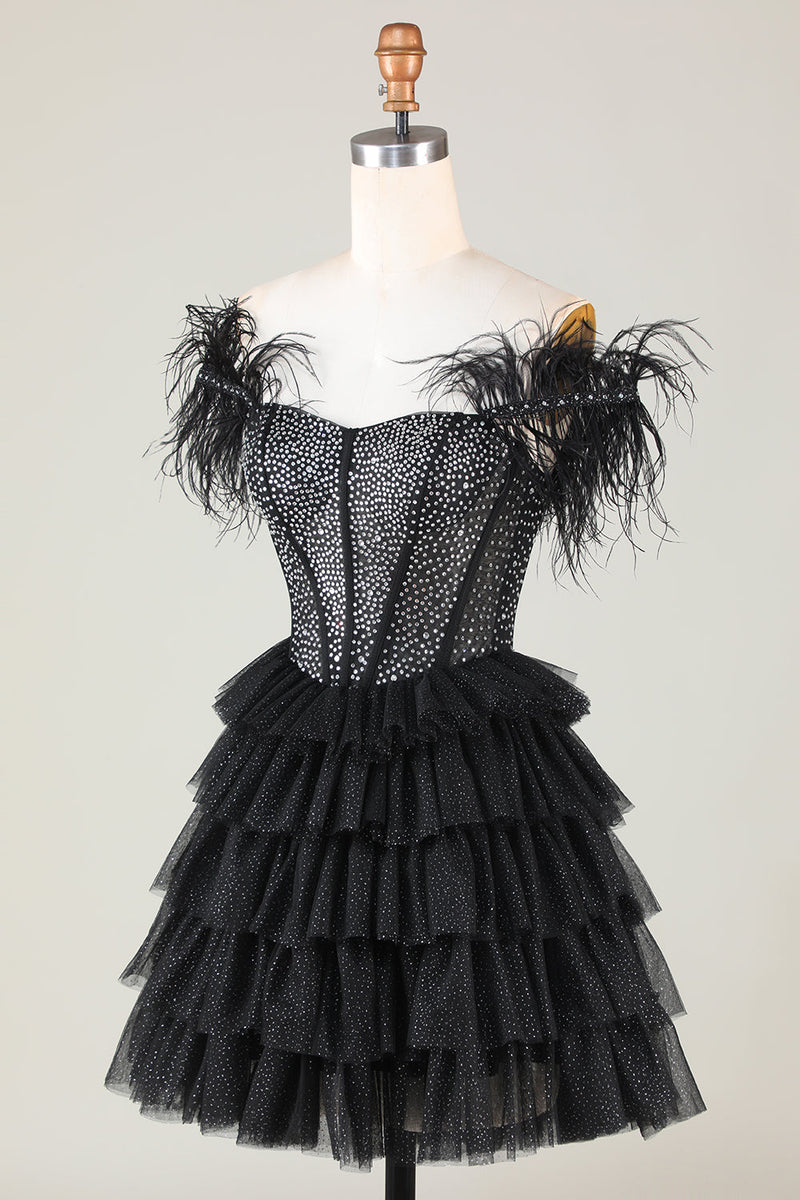 Load image into Gallery viewer, Sparkly Beaded Corset A-Line Black Short Homecoming Dress med fjær