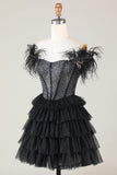 Sparkly Beaded Corset A-Line Black Short Homecoming Dress med fjær