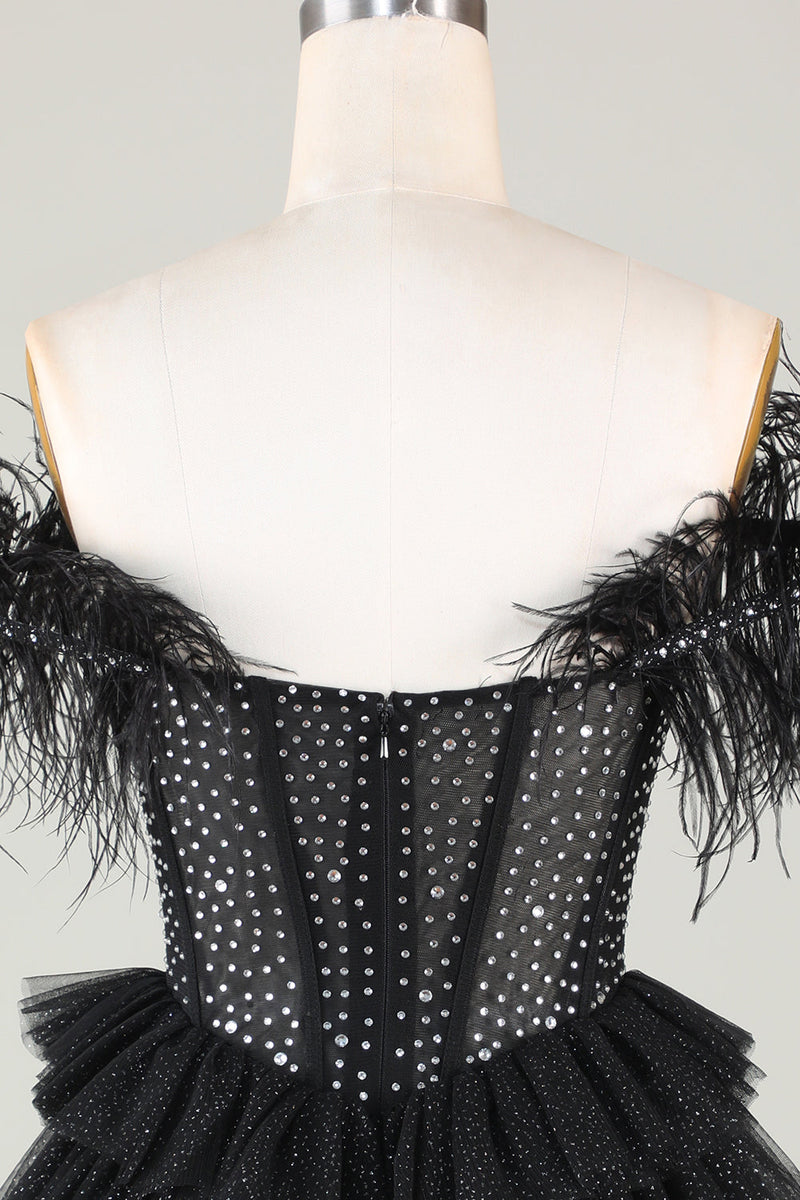 Load image into Gallery viewer, Sparkly Beaded Corset A-Line Black Short Homecoming Dress med fjær