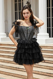 Sparkly Black Beaded Corset A-Line Kort Homecoming kjole med fjær