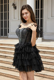 Sparkly Black Beaded Corset A-Line Kort Homecoming kjole med fjær