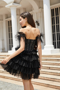 Sparkly Black Beaded Corset A-Line Kort Homecoming kjole med fjær