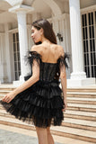 Sparkly Beaded Corset A-Line Black Short Homecoming Dress med fjær